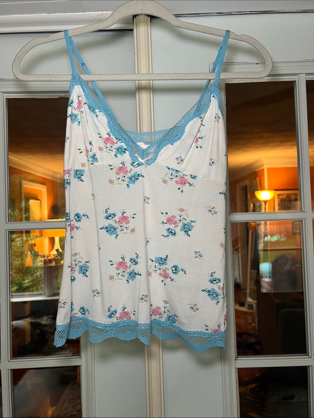 Victoria's Secret White Floral Cami with Blue Lace Trim